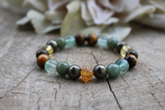 Bracelet for abundance and prosperity. Gemstone bracelet. Unisex beaded bracelet. Citrine, malachite, tiger's eye, pyrite etc. (8mm)