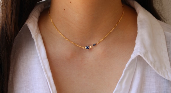 Dainty evil eye choker. 18k Gold filled evil eye necklace. Blue evil eye necklace .Greek mati necklace.  Layering necklace.