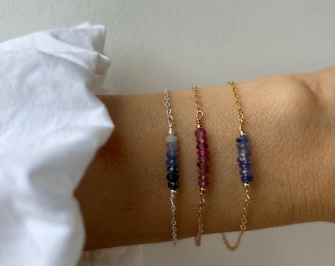 Dainty gemstone bar bracelet. Birthstone bracelet. Natural stone bracelet. Gold, silver, rose gold chain.