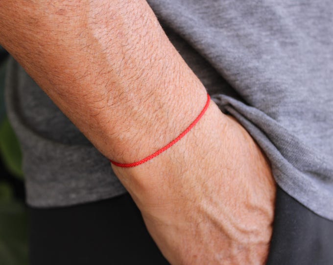Simple red string for men. Stainless steel clasp. Red string of fate. Protection cord bracelet.