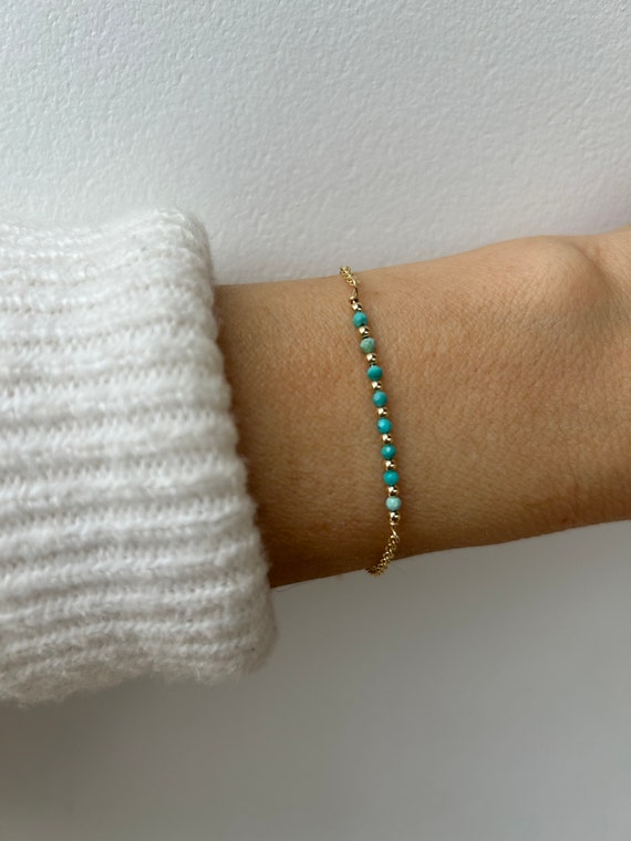 Genuine turquoise bracelet. Beaded turquoise bracelet. Gold filled/sterling silver. December birthstone.