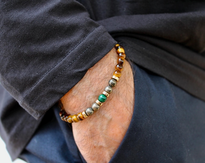 Mens abundance and protection bracelet. Tiger's eye, pyrite, malachite beaded stretch bracelet. 6mm