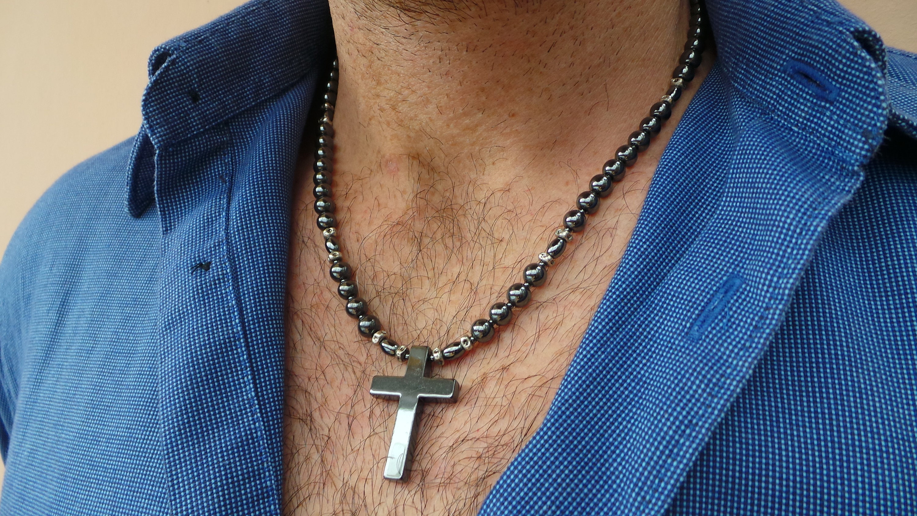 Mens Cross Necklace Mens Beaded Cross Necklace Mens Etsy