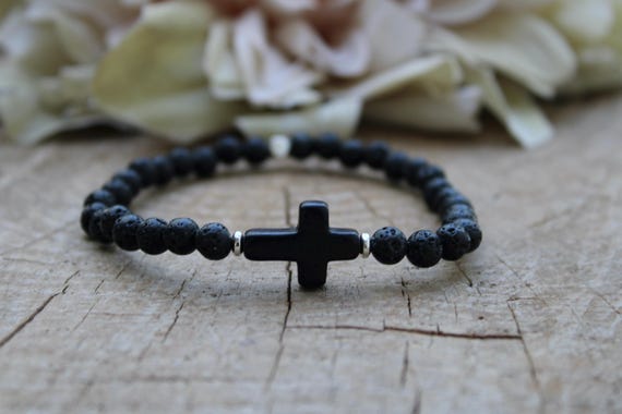 Mens sideways cross bracelet. Black stone cross bracelet for men. Mens beaded cross bracelet. Stone cross bracelet. Lava bracelet.