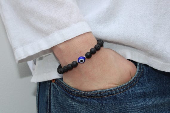 Mens evil eye bracelet. Beaded evil eye bracelet. Lava rock bracelet. Stone bracelet. Gift for him. Mens stretch bracelet. Protection