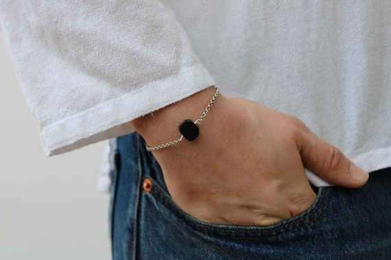 Mens black tourmaline chain bracelet. Empath protection bracelet for men. Raw tourmaline.