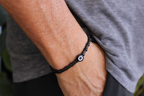 Mens evil eye bracelet. Black beaded evil eye bracelet for men. Stretch cord design. Protection.