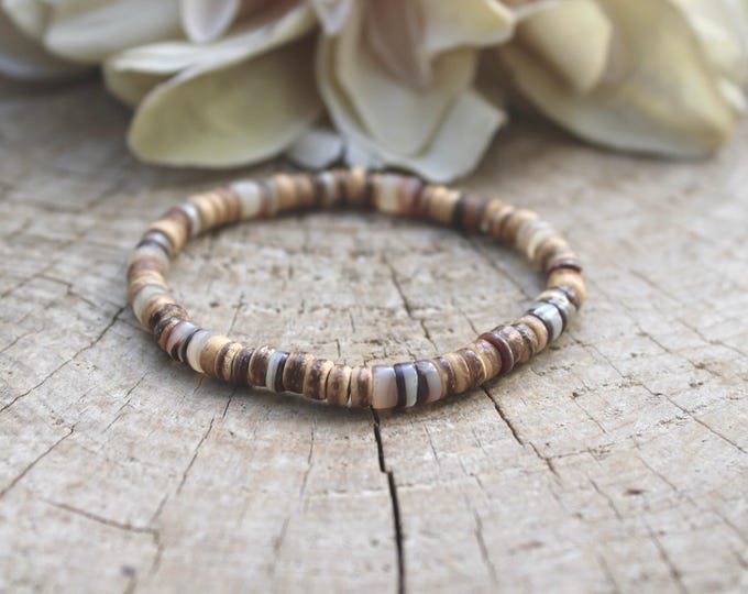 Mens Heishi Bracelet, Hammered Oyster Shell & Coconut, Surfer Style