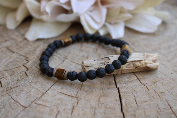 Mens beaded lava rock and tiger's eye bracelet. Tiger's eye and lava rock bracelet for men. Protection and  6mm beads.