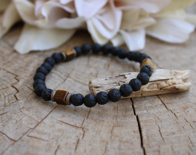 Mens beaded lava rock and tiger's eye bracelet. Tiger's eye and lava rock bracelet for men. Protection and  6, 8. 10mm beads.