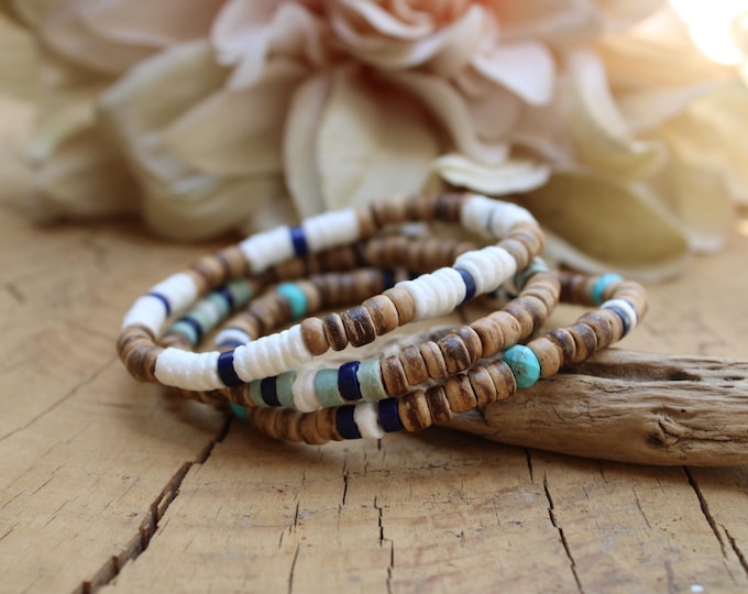 Men's Surfer Style Coconut Heishi Beaded Stretch Bracelet