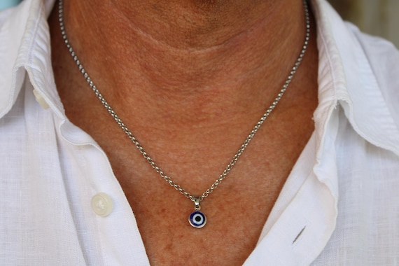 Mens evil eye necklace. Mens stainless steel evil eye necklace. Pendant necklace.