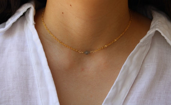 Dainty labradorite necklace. Blue flash labradorite necklace. Gemstone dot necklace. Gold filled/sterling silver labradorite choker.