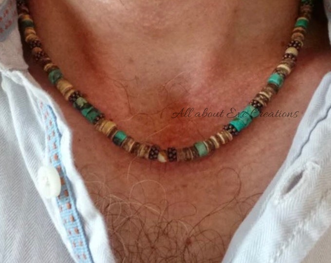 African turquoise necklace men. Beaded gemstone necklace. Surfer style necklace.