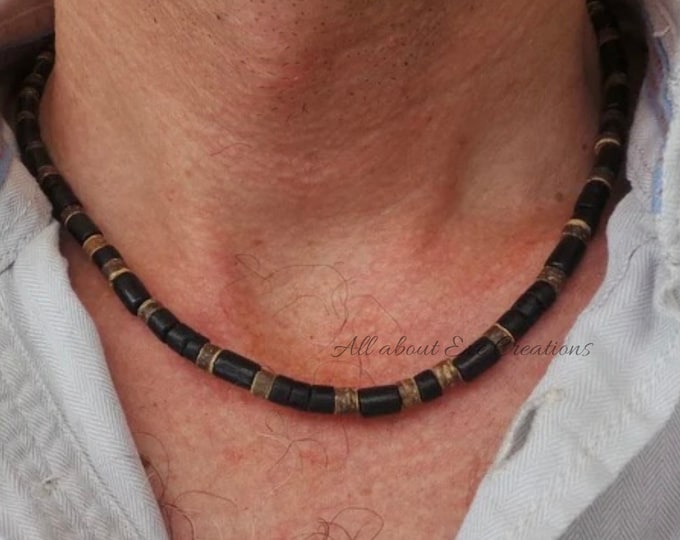 Mens beaded necklace.  Coconut and black stone beaded necklace for men. Surfer style necklace.