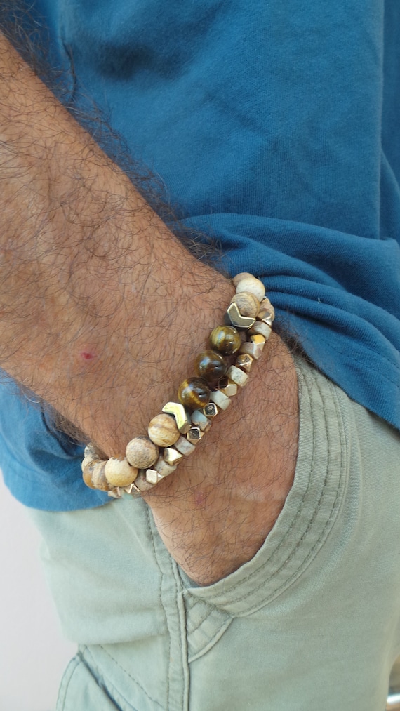Mens gemstone stack. Mens tiger's eye bracelet. Stacking bracelets. Tiger's eye, jasper and hematite bracelets. Beaded stretch bracelet.