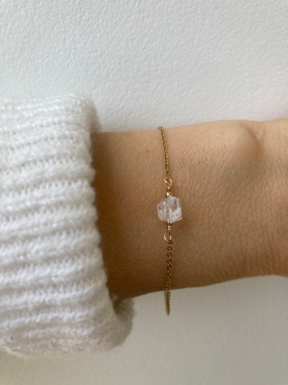 Dainty clear quartz bracelet.  Raw clear quartz nugget. April birthstone. Clear quartz chain bracelet. Gold, silver, rose gold chain
