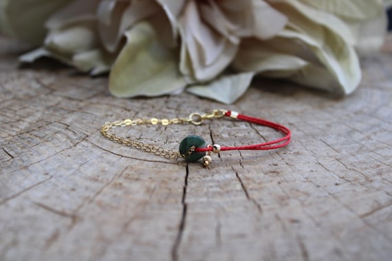 Jade Donut Red Cord Bracelet. 14K Gold Filled jade bracelet. Abundance and joy.