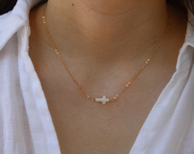 Delicate 14k gold filled/sterling silver sideways cross necklace. Mother of pearl crucifix. Religious jewelry.