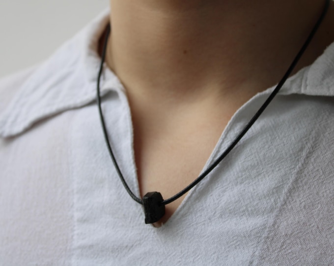 Black tourmaline necklace men.  Cord necklace. October birthstone. Empath protection.