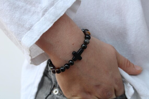 Sideways cross bracelet for men. Empath protection bracelet with cross. Black tourmaline, hematite, red jasper, tiger's eye. 8mm gemstones.