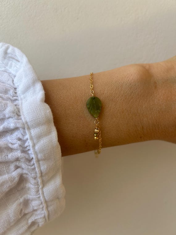 Green jade bracelet.  Leaf jade bracelet.  Gold filled,  sterling silver bracelet.