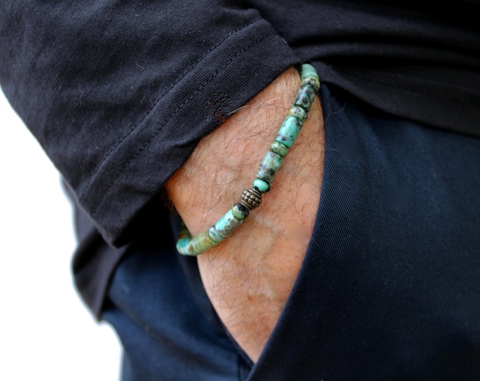 African Turquoise beaded bracelet. Mens gemstone stretch cord bracelet.