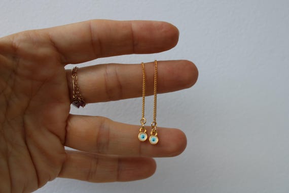 Evil eye earrings.  Evil eye threader earrings. Dangle earrings. Long evil eye earrings. Ear threads. Protection jewellery.