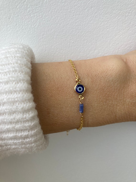 Evil eye bracelet. Gold filled evil eye bracelet. Blue gold filled evil eye with sodalite.  Greek mati. Gold evil eye. Protection bracelet.