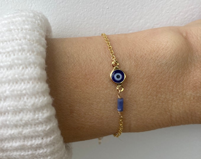 Evil eye bracelet. Gold filled . Blue gold filled evil eye with sodalite.  Greek mati. Gold/silver protection bracelet.