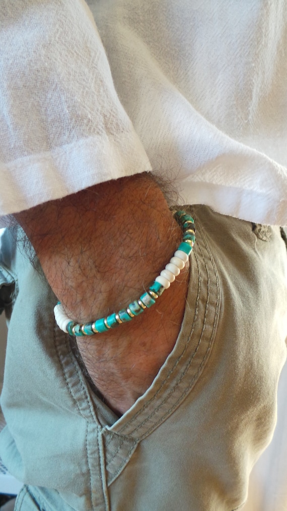 Mens bracelet. Mens gemstone bracelet. African turquoise bracelet. Mens beaded bracelet. Mens stretch bracelet.