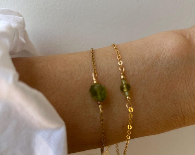 Peridot bracelet.  Raw nugget. August birthstone.Gold, silver, rose gold chain.