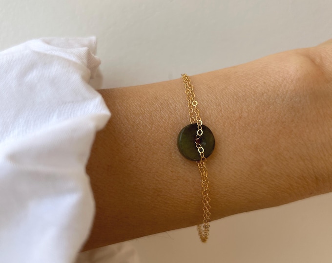 Jade donut bracelet. 14k Gold filled, sterling silver chain. Good luck and abundance.