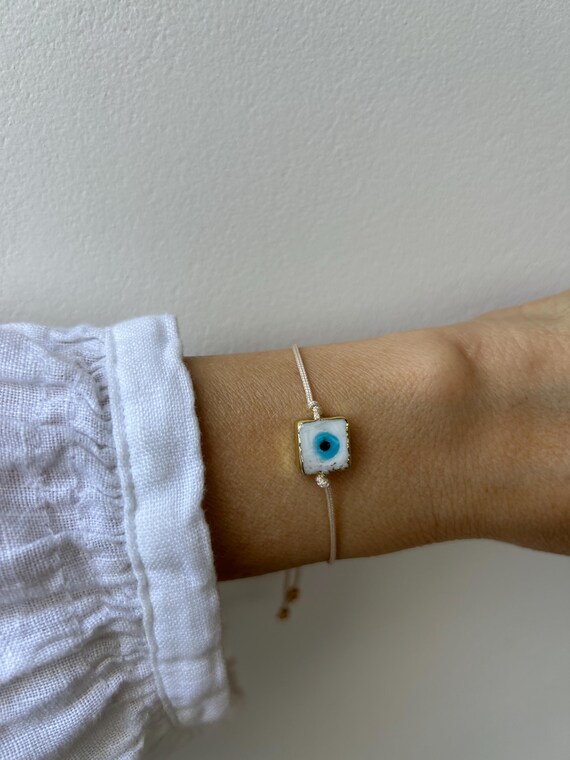 Evil eye cord bracelet. Unisex adjustable evil eye string bracelet. Mens evil eye cord bracelet. Enamel brass evil eye charm bracelet.
