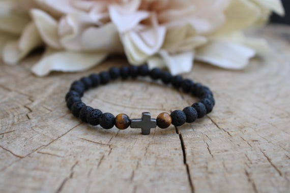 Mens beaded cross bracelet. Lava rock, tiger's eye and hematite cross bracelet. Sideways cross bracelet for men. 6mm beads.