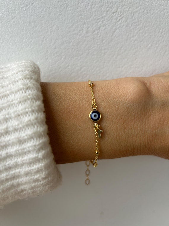 Evil eye and cross bracelet  .Blue evil eye bracelet. Gold filled evil eye bracelet with tiny cross. Greek mati bracelet. Satellite chain
