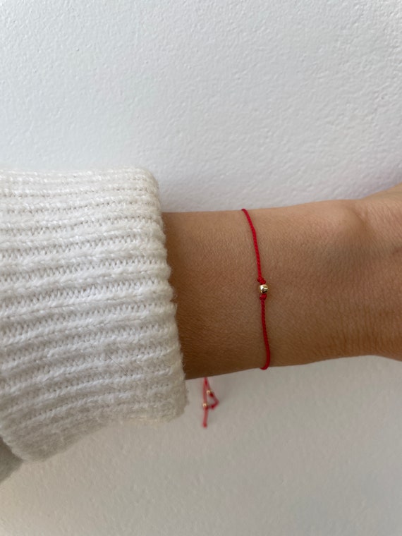 Red string bracelet with solid gold bead silk bracelet. 9k Solid gold bead red string bracelet . Silk cord bracelet (11 colours available)