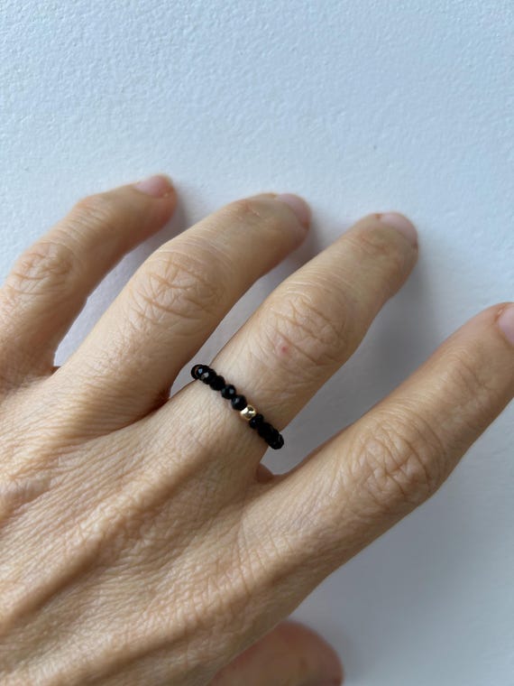 Black Tourmaline ring. Beaded black tourmaline stretch ring. Elastic ring.