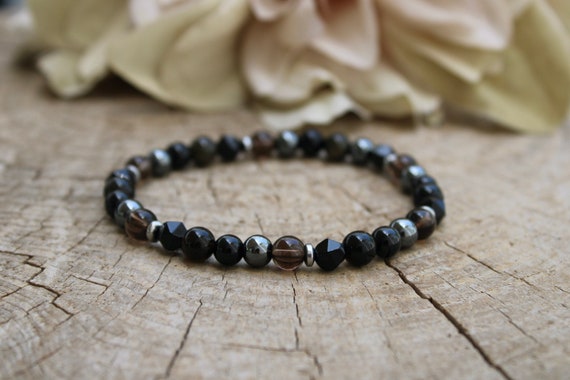 Mens Black Onyx Bracelet: Gold Sheen Obsidian, Tourmaline, Hematite, Quartz