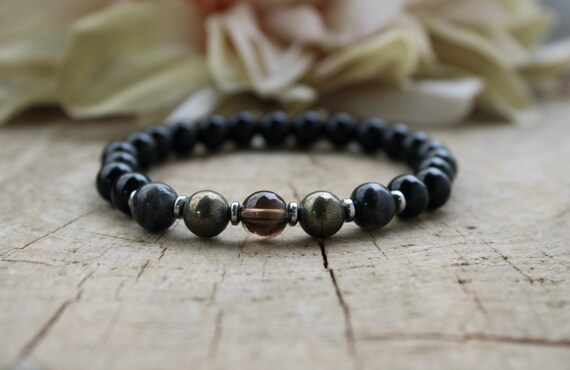 Black onyx, larvikite , smoky quartz and pyrite bracelet. Protection, stress relief, abundance. Beaded bracelet men.