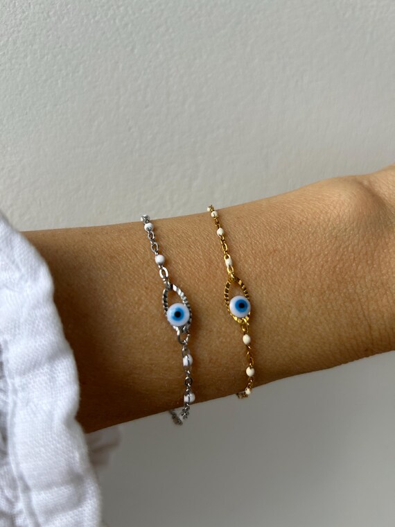 Dainty Evil Eye Bracelet: Stainless Steel Chain, Greek Mati Protection. Gold, silver chain.