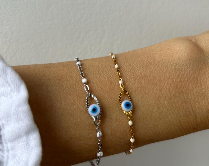 Dainty Evil Eye Bracelet: Stainless Steel Chain, Greek Mati Protection. Gold, silver chain.