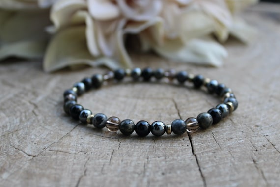 Empath protection bracelet for men. Black tourmaline, hematite, smoky quartz,  larvikite (black moonstone) and pyrite. 6mm beads.