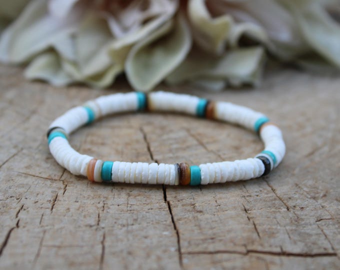 Surfer bracelet. White heishi puka shell bracelet. White and turquoise surfer stretch bracelet. Waterproof. 6mm beads