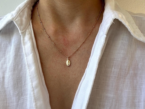 Dainty Virgin Mary Necklace: Stainless Steel Madonna Charm