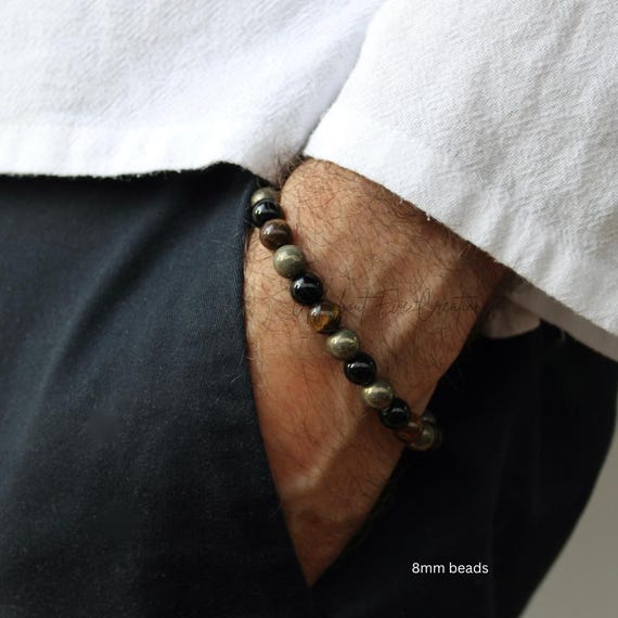 Pyrite, bronzite and onyx bracelet. Mens beaded bracelet. Mens gemstone bracelet. Bracelet for wealth, protection. 8mm beads