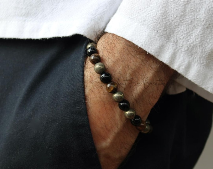 Pyrite, bronzite and onyx bracelet. Mens beaded bracelet. Mens gemstone bracelet. Bracelet for wealth, protection. 8mm beads