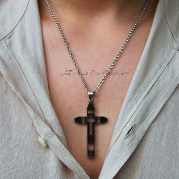 Mens necklace. Men's crucifix. Men's stainless steel cross. Mens cross necklace. Cross pendant. Religious jewellery.