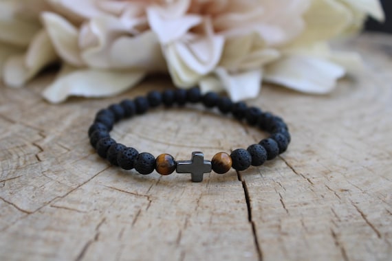 Men's Beaded Cross Bracelet: Lava Rock, Tiger's Eye & Hematite