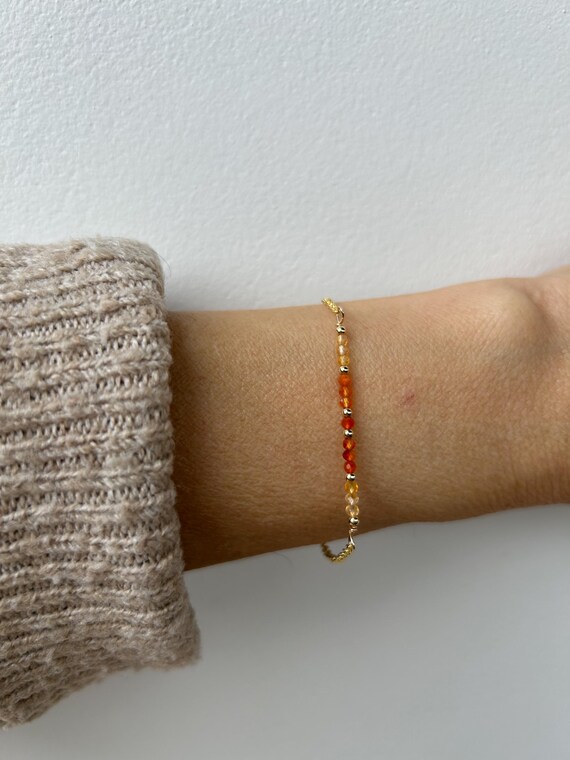Carnelian Bracelet. Ombre Beaded orange Gemstone, Gold, silver, rose gold chain.